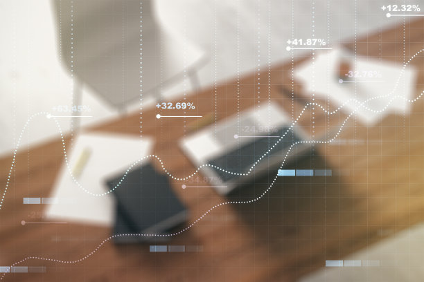 多重曝光的抽象统计数据全息图界面和现代桌面，以计算机为背景，具有计算分析概念图片下载