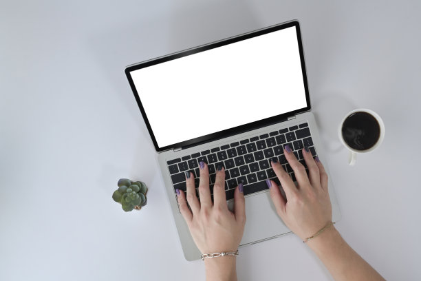 上图显示女人双手在笔记本电脑键盘上打字。图片下载