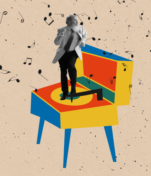 年长的男人穿着70、80年代的时尚风格跳舞复古舞蹈画上老式留声机在光背景。当代艺术拼贴。图片下载