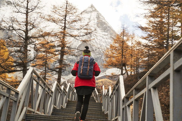 亚洲女游客爬上通往观音吉山的楼梯图片下载