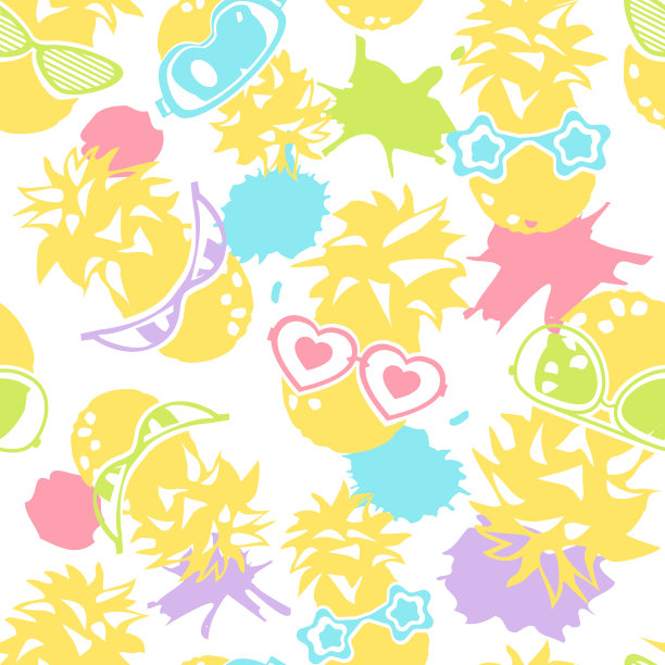 无缝热带夏季背景。菠萝和杯子在一个抽象的白色背景平面风格。图片下载