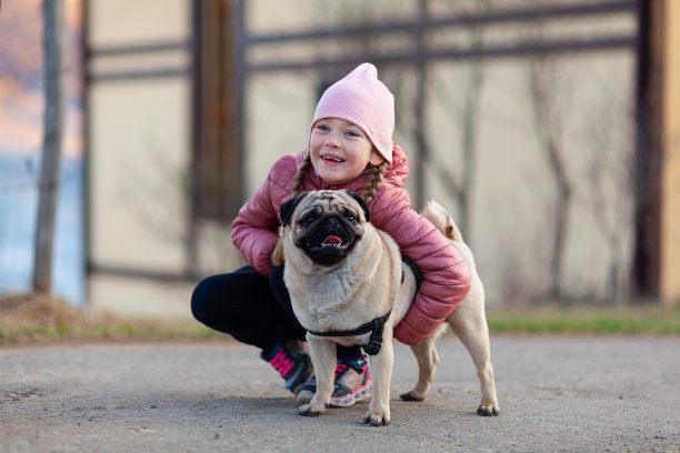 一个学龄前女孩抱着她的宠物——哈巴狗。狗是孩子最好的朋友。图片下载