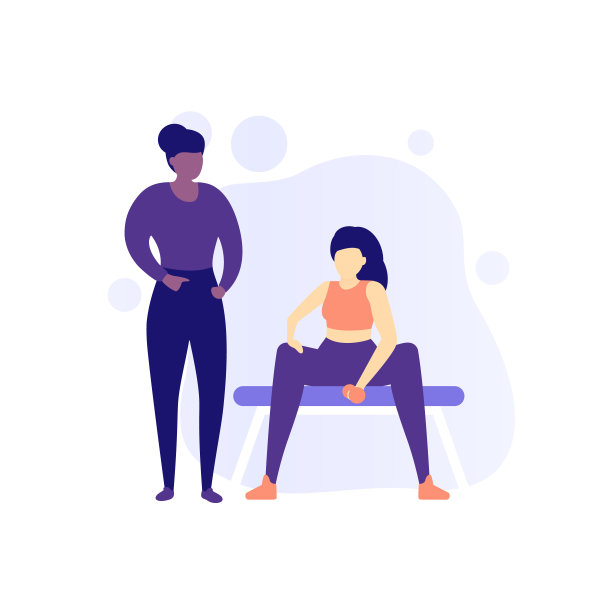 女孩训练二头肌，在健身房和私人教练一起锻炼，矢量图片下载