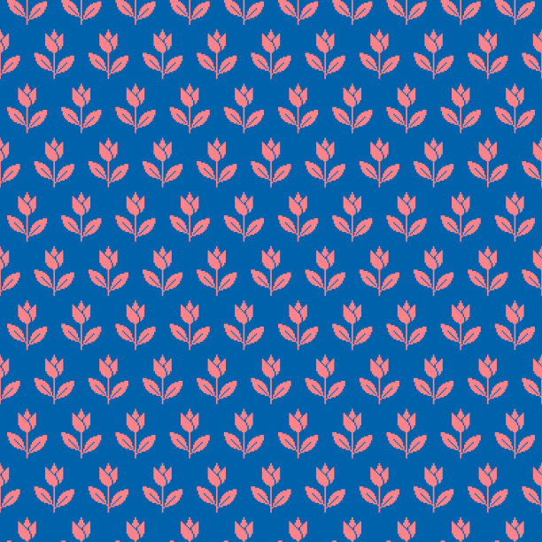 简单的向量像素艺术无缝模式的极简主义媒介波斯蓝和郁金香颜色抽象盛开的郁金香花图片下载