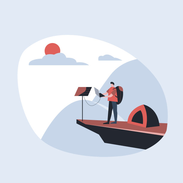 远程工作人员在山顶利用太阳能为笔记本电脑充电。竞选和爬山。矢量插图在卡通风格。图片下载