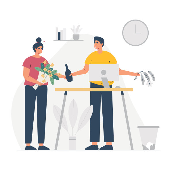 一个男人分享瓶子和一个女孩拿着花在一个漂亮的白色房子的内部。平面向量插图。现代的室内。图片下载