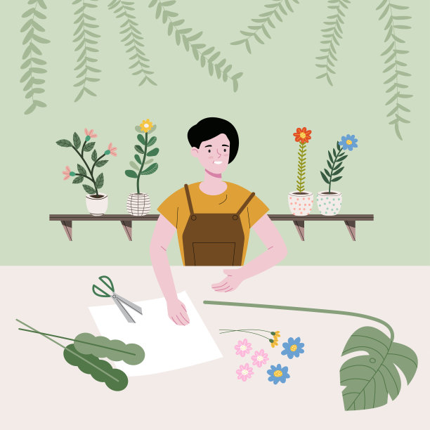 这个女孩正在用不同类型的树、纸和元素制作漂亮的家居产品。平面向量插图。家务劳动和人类活动的横幅。图片下载