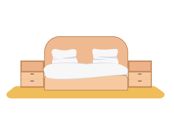床与羽绒被和枕头和床头柜矢量插图。图片下载