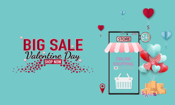 情人节快乐销售横幅或促销在蓝色背景。网上购物商店与手机，信用卡和商店元素。矢量插图。图片下载