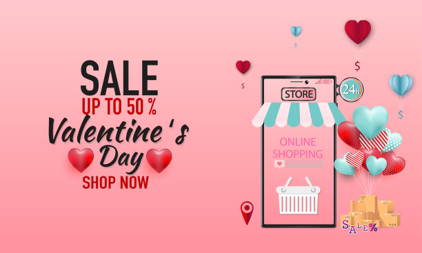 情人节快乐销售横幅或促销在蓝色背景。网上购物商店与手机，信用卡和商店元素。矢量插图。图片下载