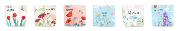 可爱的社交媒体明信片矢量背景设置。手机屏幕设计与夏季的田野花在红色，蓝色和米色。野花相册封面或方形张贴设计收集。图片下载