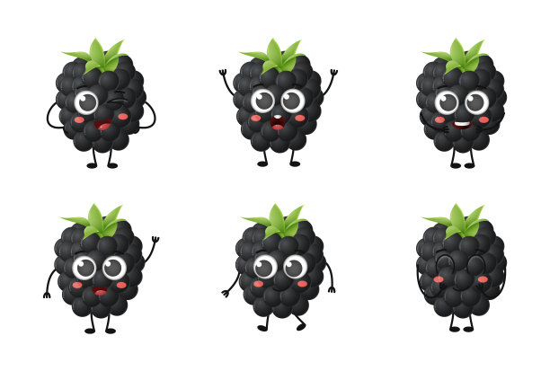 可爱的卡通黑莓水果向量字符集孤立的白色背景图片下载