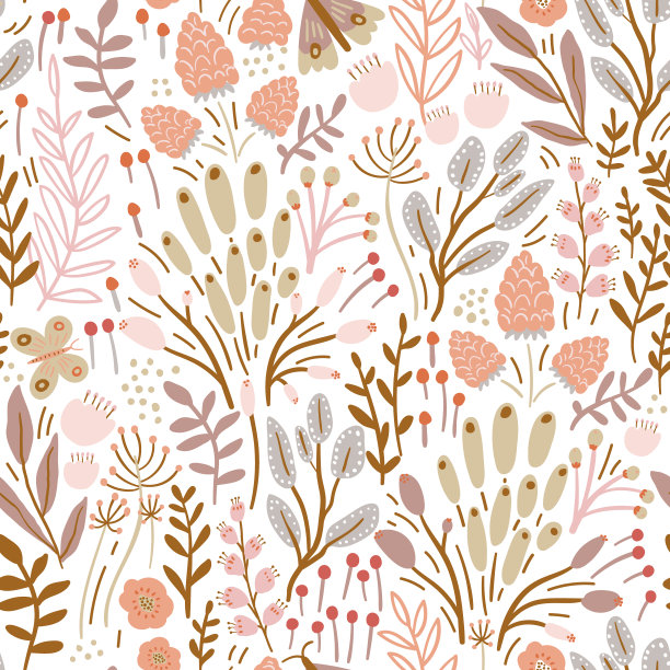 无缝粉彩图案与花朵，蓝莓和树叶，覆盆子。创意高度详细的花卉纹理。伟大的织物，纺织矢量插图图片下载
