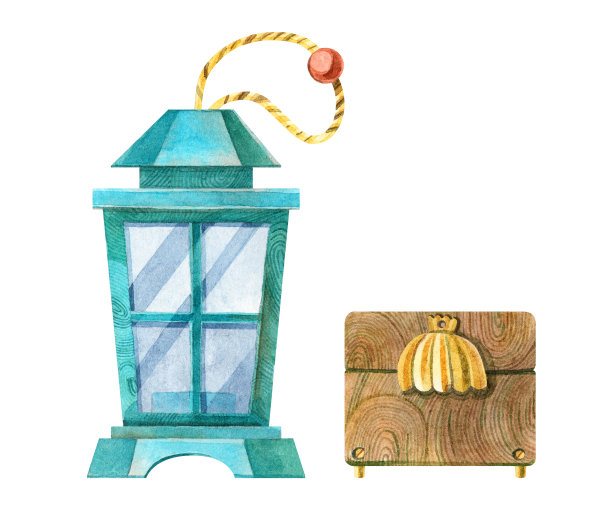 一套木盒和一盏灯。图片下载