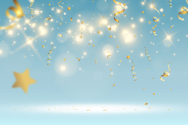 金色的彩纸落在美丽的背景上。舞台上落下的飘带。图片下载