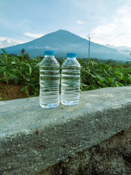 瓶装矿泉水有着自然的背景和山脉图片下载