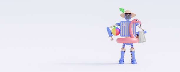 未来的夏季旅行概念在白色背景。人工智能人形机器人准备帮助暑假3d渲染图片下载
