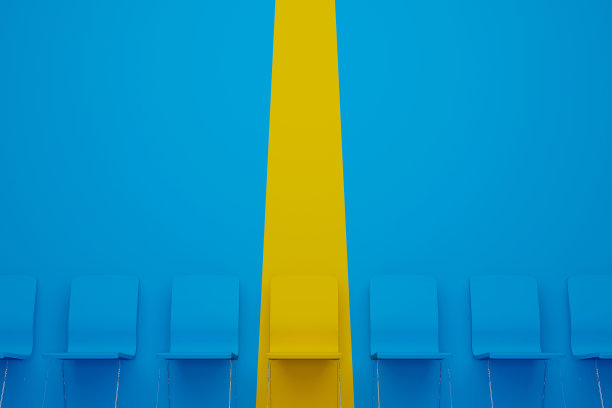 杰出的主席排。黄色的椅子在人群中很显眼。人力资源管理与招聘经营理念。三维演示图片下载