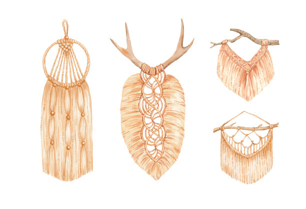 水彩手绘波西米亚编结集，孤立向量插图图片下载