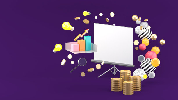 投影仪场景之间的业务图表，灯泡，金钱和彩色球在紫色的背景。3 d渲染。图片下载