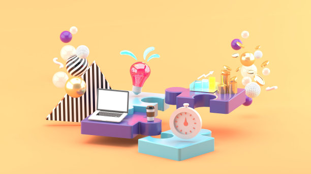 拼图、秒表、笔记本电脑、灯泡和硬币在橙色背景的彩色球中。3 d渲染。图片下载