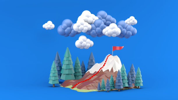 群山被蓝色背景下的松树和云所环绕。3 d渲染。图片下载