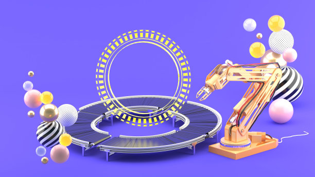 机器人手臂，产品带和光环周围的彩色球在紫色的背景。3 d渲染。图片下载