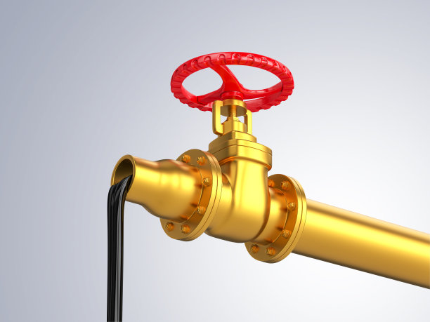 灰色背景上的金色工业管道，管道中喷出燃料，制裁概念的金融隐喻，3D渲染图片下载