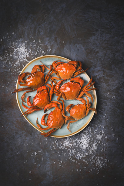 深蓝色木质背景的绿盘上放着加海盐的煮熟的螃蟹图片下载