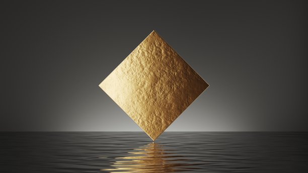 三维渲染，抽象最小的黑色背景与简单的几何圆形形状。水面上的金色菱形，荡漾着涟漪和倒影图片下载