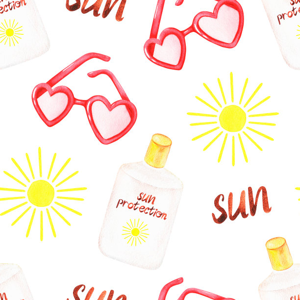 防晒霜和太阳镜。无缝模式。水彩插图。孤立在白色背景上。图片下载