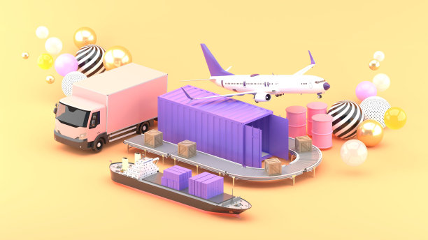 在橙色背景下，集装箱被飞机、货运卡车和货船包围。3 d渲染。图片下载