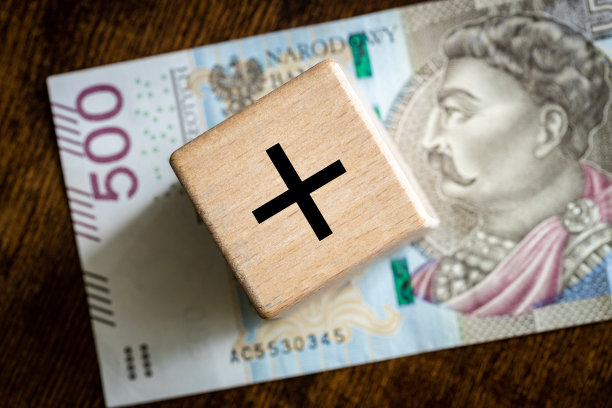 500 +，波兰社会项目支持经济公民抚养孩子，500兹罗提纸币和一个带正号的儿童积木图片下载