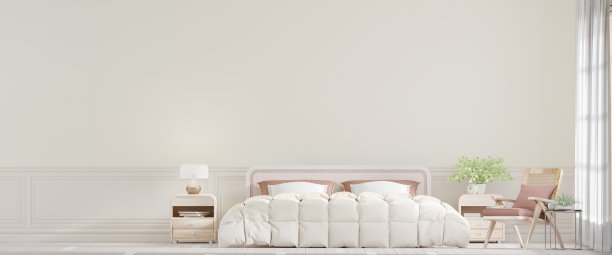 大卧室内部与经典的墙壁，超大国王羽绒被覆盖- 3D渲染图片下载