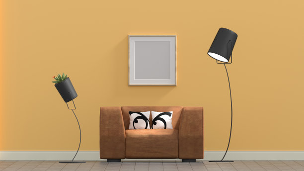 现代复古的客厅内部，黄色墙壁上的空白海报，卡通眼枕- 3D渲染图片下载