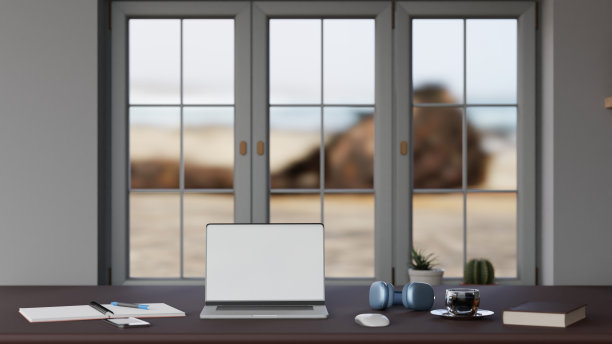 家里桌子上的笔记本电脑黑屏。三维渲染图片下载