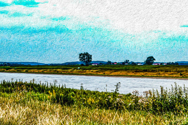 以手绘油画的风格在画布上绘制郊区风景，创意艺术设计元素图片下载