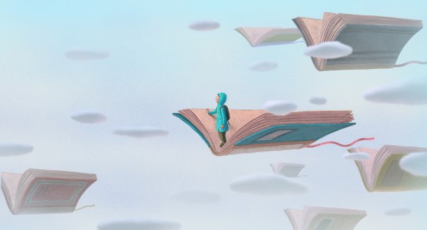 想象之书和一个男孩。幻想艺术。教育理念，孩子的想法，孩子的梦想，灵感，创造，冒险和学习。概念3 d演示。超现实主义绘画。图片下载