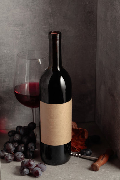 一瓶一杯红酒配蓝葡萄。图片下载