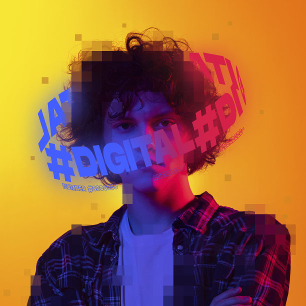 Contemporay艺术品。年轻卷曲的男孩在格子衬衫与霓虹灯字母周围的头孤立在黄色背景霓虹灯图片下载