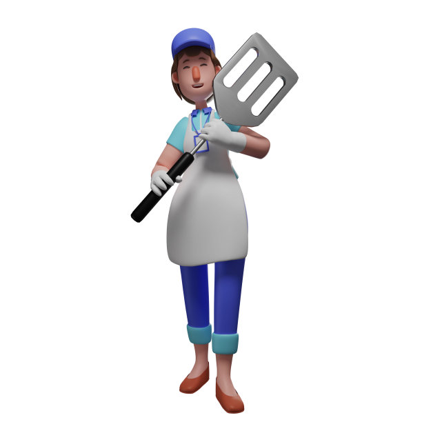 3D服务员卡通设计有一个烹饪工具图片下载