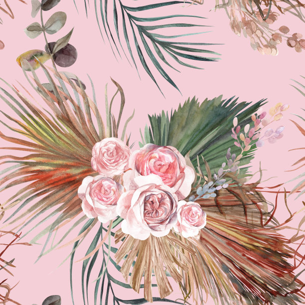 图案与一束热带干花和玫瑰花在波西米亚风格的粉红色精致的背景图片下载