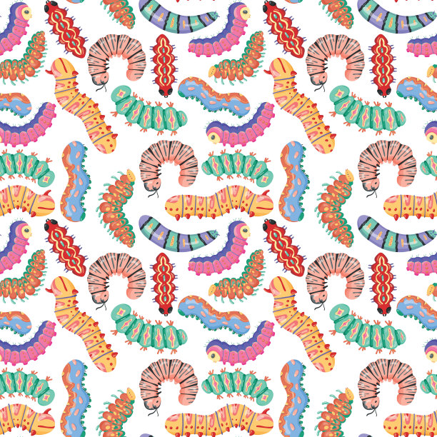 无缝图案与卡通明亮的毛毛虫，蛞蝓和毛茸茸的蜈蚣在白色的背景。昆虫的背景。用于横幅、儿童、图案、装饰。矢量图图片下载