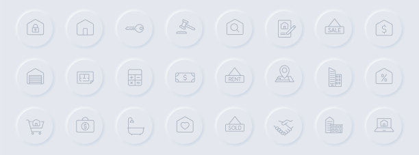 房地产线灰色图标上圆形橡胶按钮。房地产图标集网页，移动应用程序，UI设计和推广业务测谎图片下载