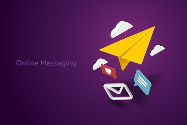 黄色的纸飞机和通讯图标消息心云在紫色的背景。图片下载