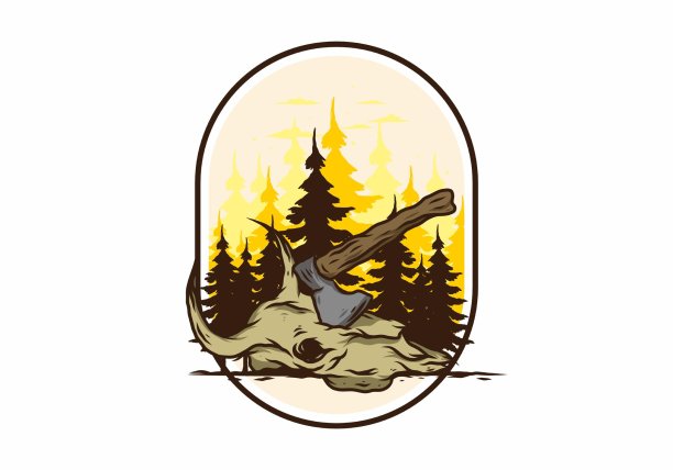 一把斧子插在水牛头骨上图片下载