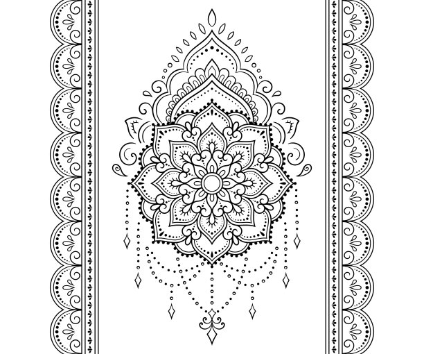 曼陀罗图案和无缝边框，用于指甲花绘画和纹身：民族东方风格装饰，黑白涂鸦手绘矢量插画图片下载