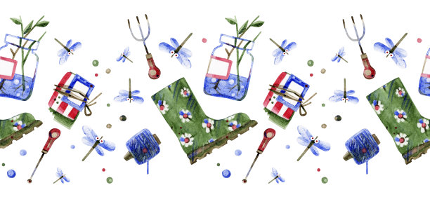 无缝边界，橡胶靴，玻璃罐和蜻蜓。图片下载