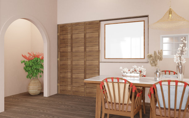 模拟海报框架，舒适的现代奶油色调餐厅。图片下载