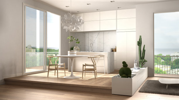 绿色环保的室内设计，白色的客厅配有沙发，厨房配有餐桌，多汁的盆栽植物，拼花地板，全景阳台上的窗户。可持续建筑图片下载